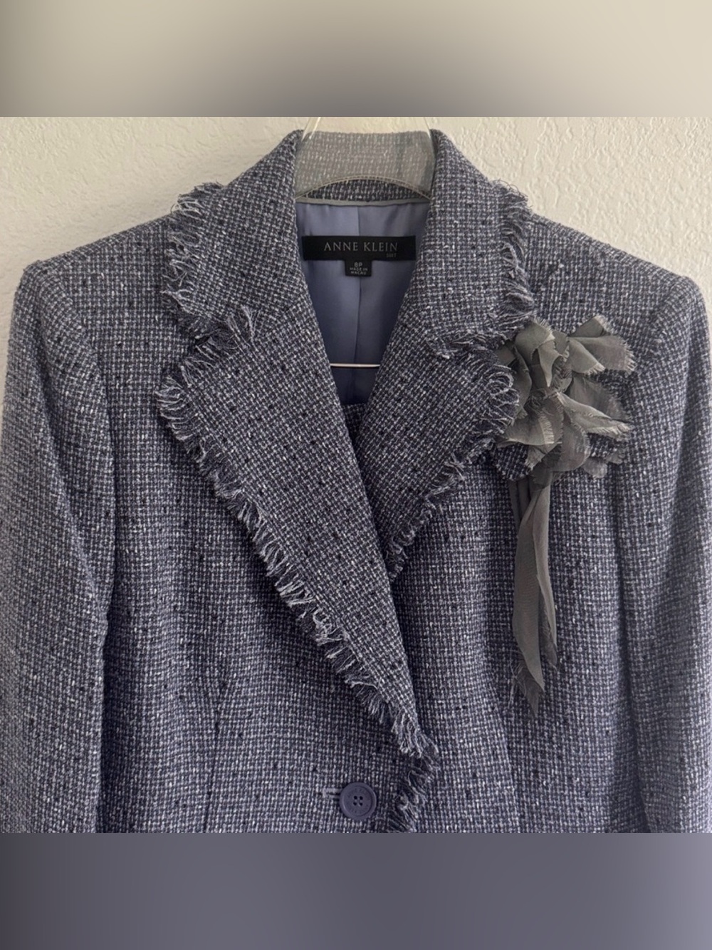 ANNE KLEIN BLUE TWEED JACKET MATCHING FLUTTER SKIRT SET FRINGE NEW WITH TAGS - Picture 2 of 13